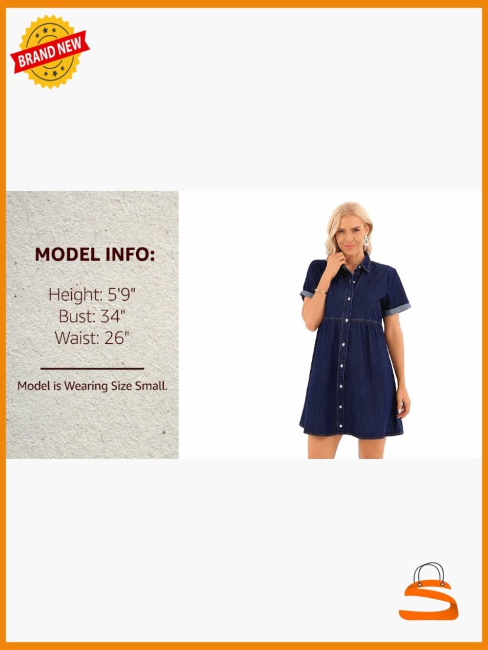 Babydoll Denim Dress Tiered Short Sleeve Button Down Casual Swing Dress - Picture 7 of 7